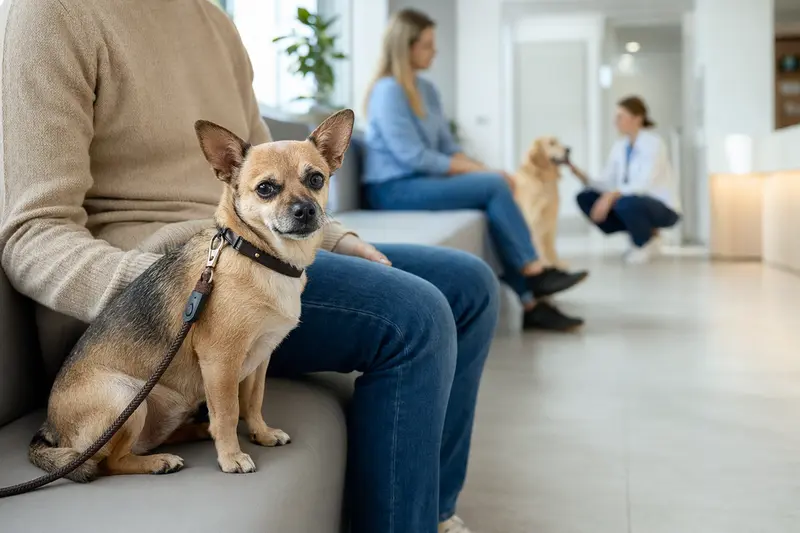 Ein Chihuahua sitzt ruhig neben seinem Besitzer im hellen Wartezimmer einer modernen Tierarztpraxis.